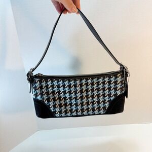 Coach Shoulder Bag Women Small Blue Houndstooth Tweed Suede Vintage Y2K Baguette